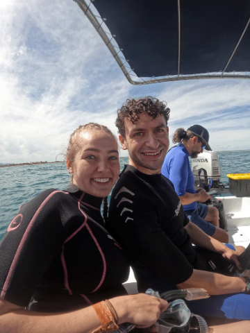 Max Johnston 24 and Annaliese Bunchman 25 share a smile after swimming with whale sharks in La Paz Bay, Baja California Sur.
