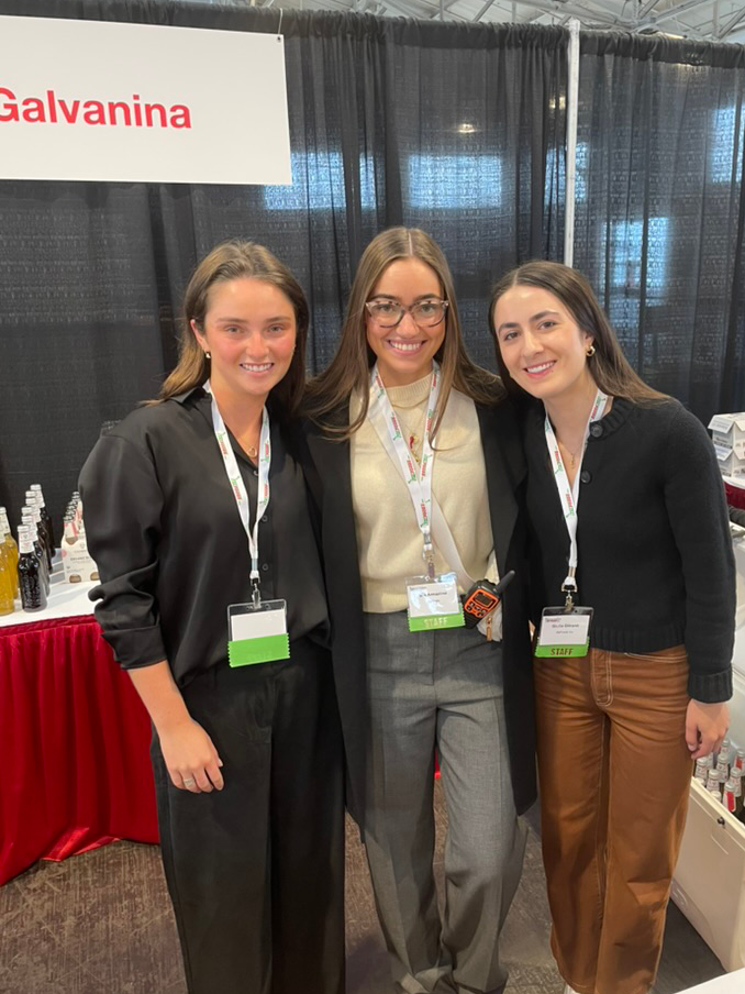 Left-Right: Kelly Perasso 26 Communication and Italian Studies Major,  Mia Armanino 26 SCU Management Major, Giulia Oltranti (Italfoods)