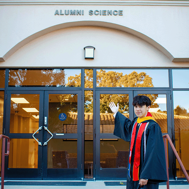 Lucas Tan outside Alumni Science Hall