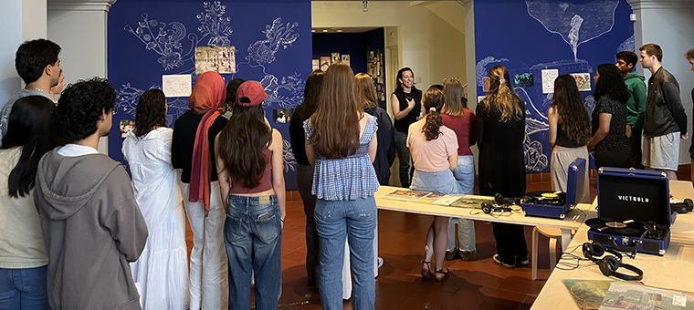 The Plague Archives artist Maya Gurantz with students in Sonja Mackenzies Public Health Senior Capstone class and Craig Stephens (Biology, Public Health) and Matthew Newsom Kerrs Difficult Dialogues: Infectious Disease and Human Society class.