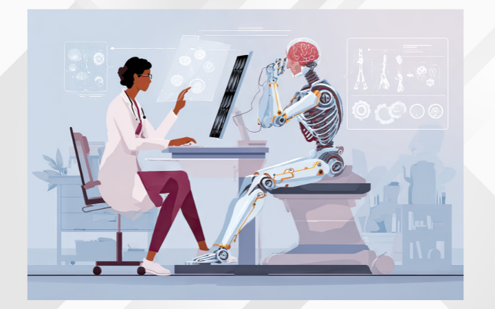 A human doctor working with a medical AI robot analyzing scans. By Tangbovornpichets Images via Canva.