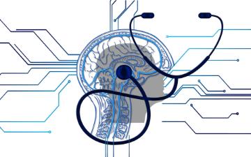 image of human head, map of brain and stethoscope