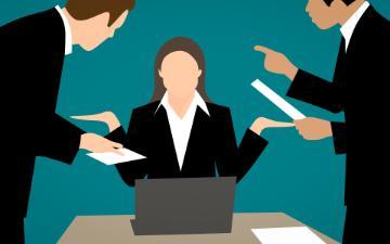 Illustration of businesspeople in a tense decision-making discussion.