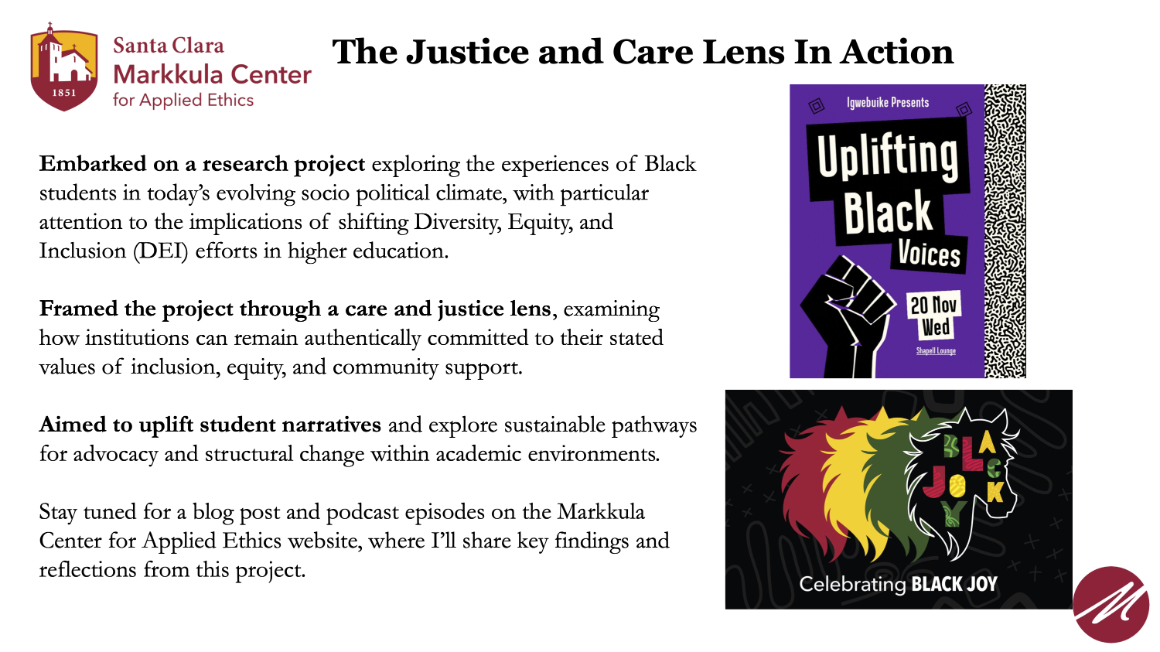A slide showing a research project exploring the experiences of Black students in todays evolving socio-political climate.