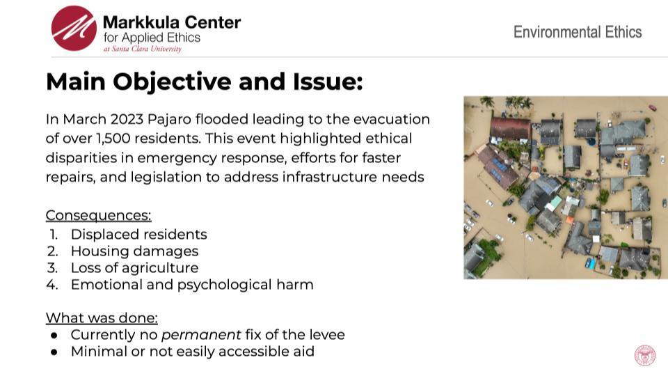2023-24 Environmental Ethics Fellows Sarah Young, Anna Krebs, Tatum Petti, Emma Young, and Karina Martins slides on Examining the Pajaro Levee Failure.