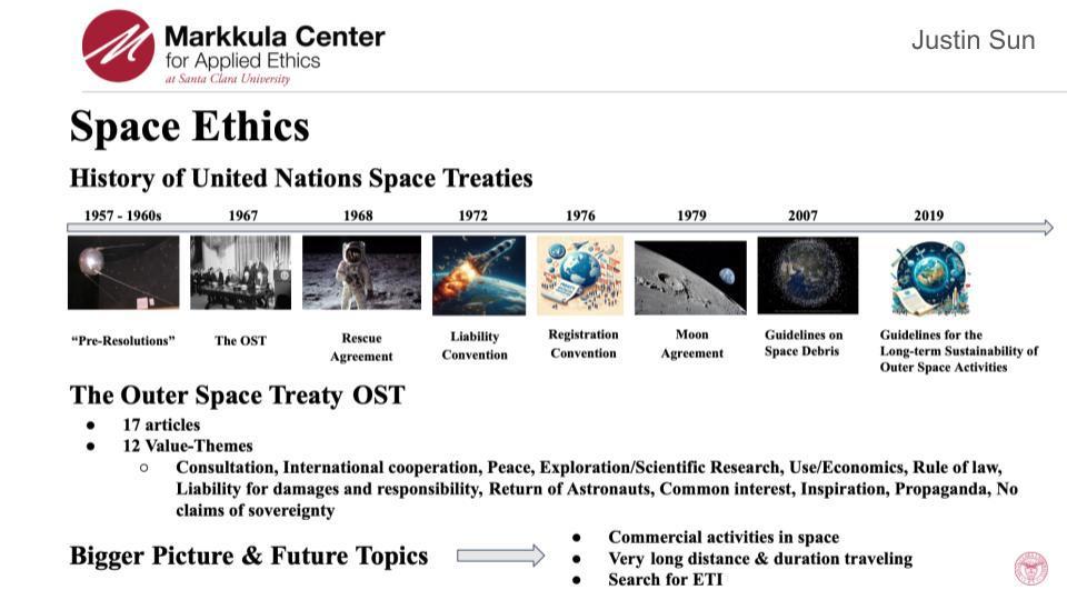 2023-24 Hackworth Grant Recipient Justin Suns slide on Space Ethics.