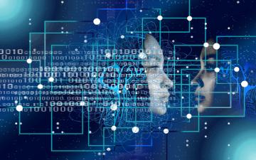 Digital illustration representing Artificial Intelligence, featuring a human profile facing a digital, translucent face made of circuit lines, overlaid with binary code and interconnected nodes on a dark blue background. 