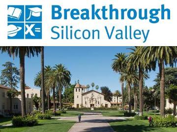 Breakthrough Silicon Valley text above a campus pathway flanked by palm trees.