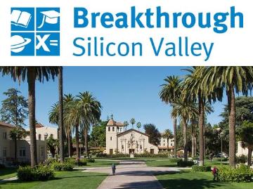 Breakthrough Silicon Valley text above a campus pathway flanked by palm trees.