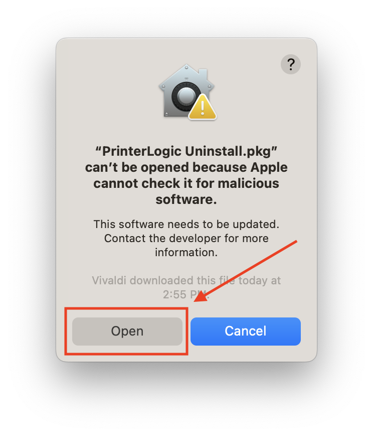A macOS prompt for PrinterLogic Uninstall.pkg cant be opened because Apple cannot check it for malicious software with two options.  The Open option is highlighted with an arrow pointing to Open.