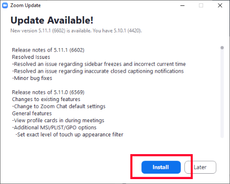 Zoom update window with description of updates and an Install button highlighted in red.