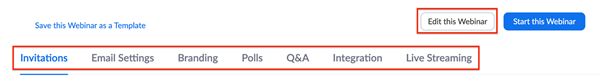 Edit this Webinar and copy registration link buttons on a webpage.