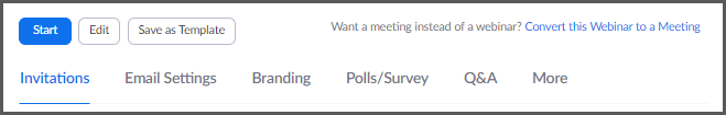 Webinar customization toolbar with options: Title, Date/Time, Recurring, Registration, Confirmation, Email, Polls, Q&A.