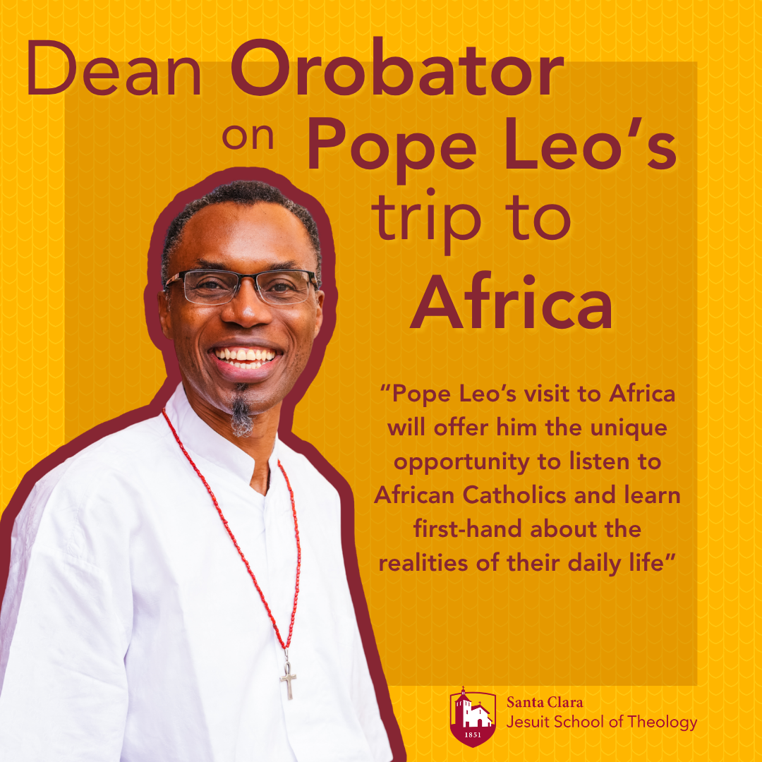 A smiling man on a yellow background with text that reads: Dean Orobator on Pope Leos trip to Africa: “Pope Leo’s visit to Africa will offer him the unique opportunity to listen to African Catholics and learn first-hand about the realities of their daily life”