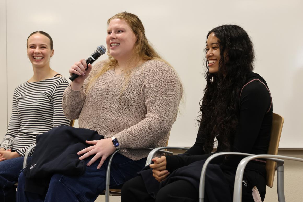 Leavey MSM alumnae, MBA candidate, and womens basketball graduate assistant answering question on panel