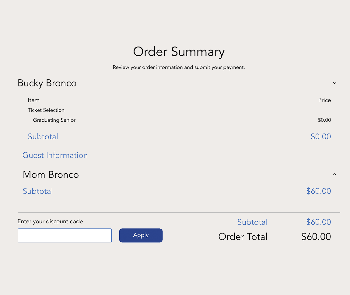 An image of an online order summary, showing the primary guests name, subtotal, additional guests, and a field for a promotional code, and the final order total 