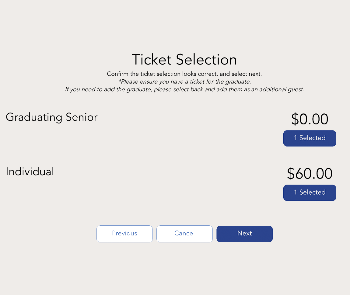 An image showing options for selecting your ticket for Grad Bash. Examples include Graduating Senior and Individual 