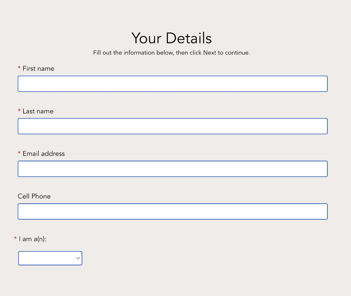 An image showing fields to fill out including first name, last name, email address, and whether youre a senior or not 