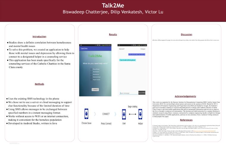 Talk2Me SIHC Poster with three sections: Purpose, App, and Website, detailing features and contact information.