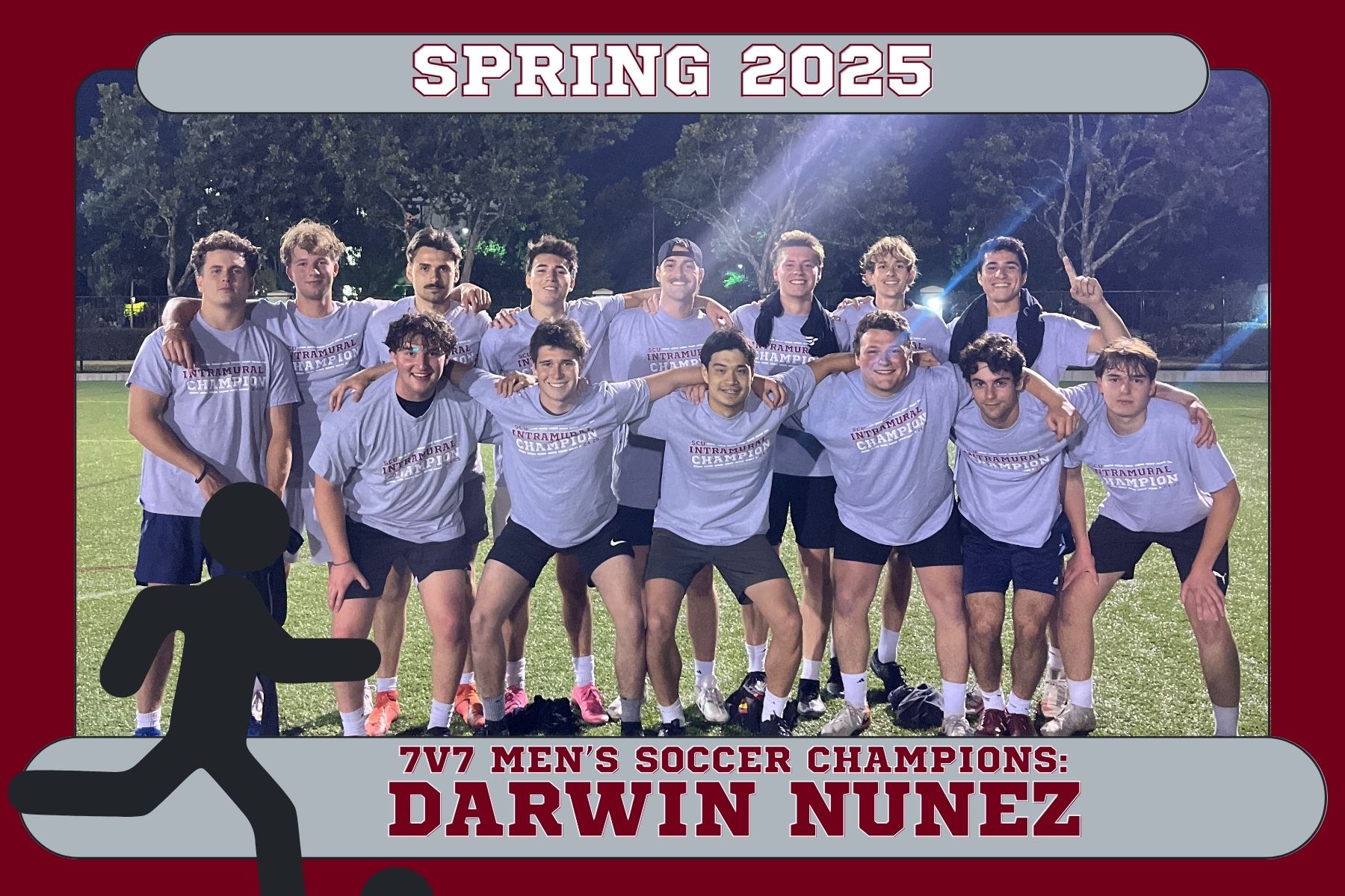 Photo of Mens Soccer champions, Darwin Nunez, posing on Bellomy Field with their IM Champion shirts.