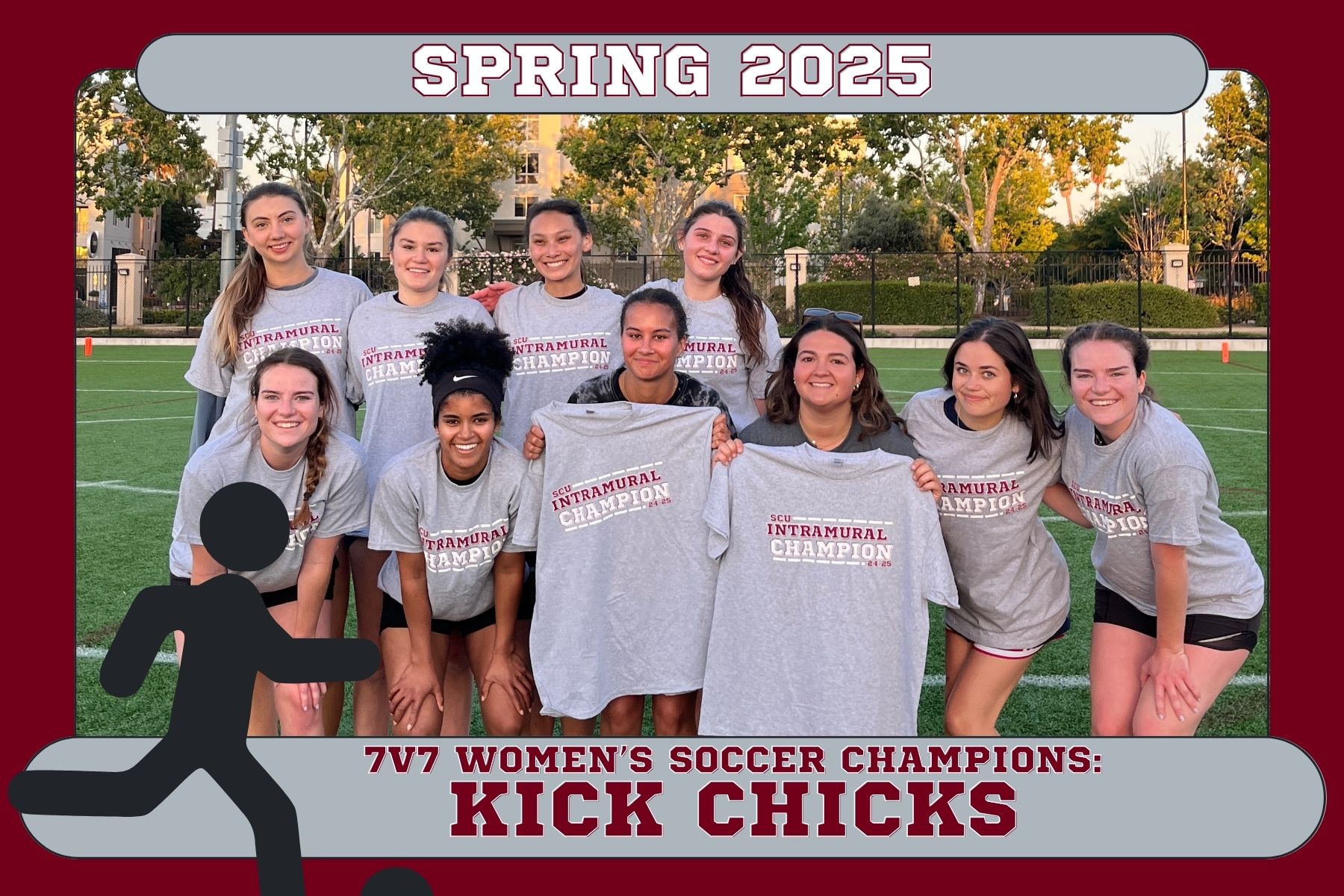 Photo of Womens Soccer champions, Kick Chicks, posing on Bellomy Field with their champion shirts.