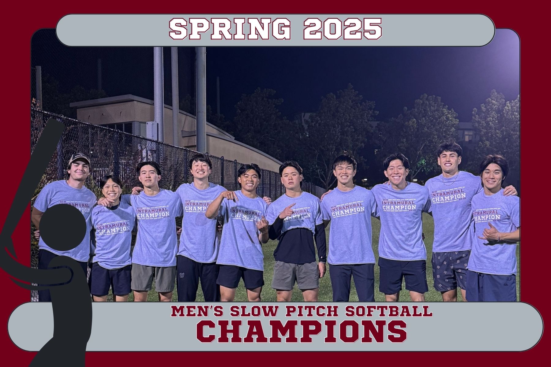 Photo of our Mens Softball League champions posing on Bellomy Field with their championship shirts.