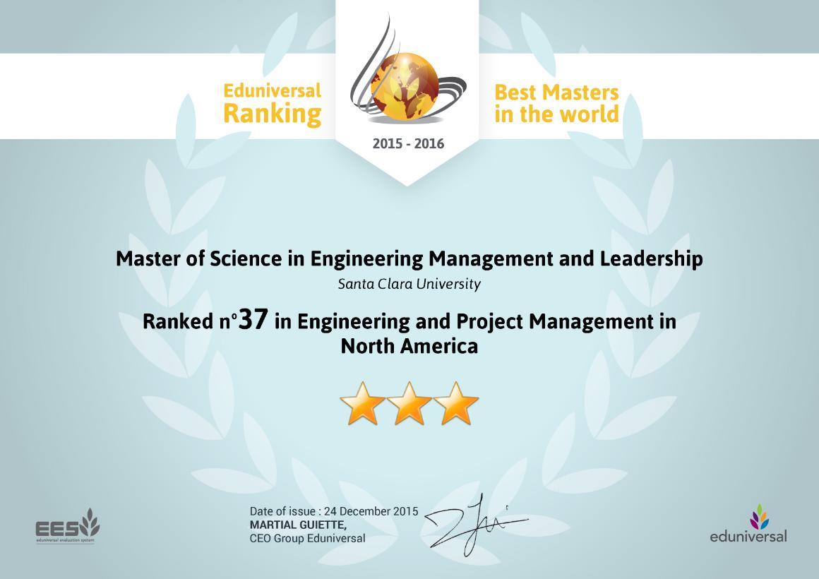 A diploma showing SCUs Engineering Management and Leaderships ranking as #37 by Eduniversal. image link to story