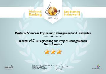 A diploma showing SCUs Engineering Management and Leaderships ranking as #37 by Eduniversal. image link to story